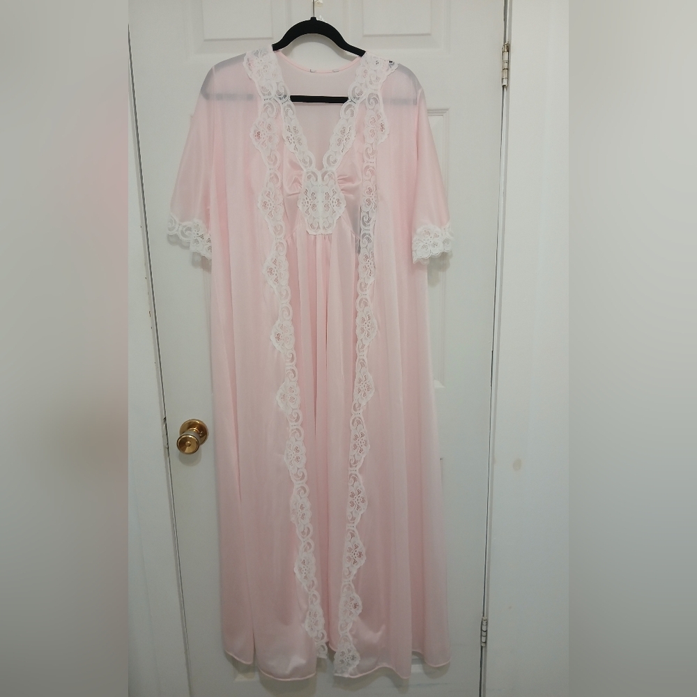 Vintage Pink Lady Peignoir Set Full Length Nightgown & Robe